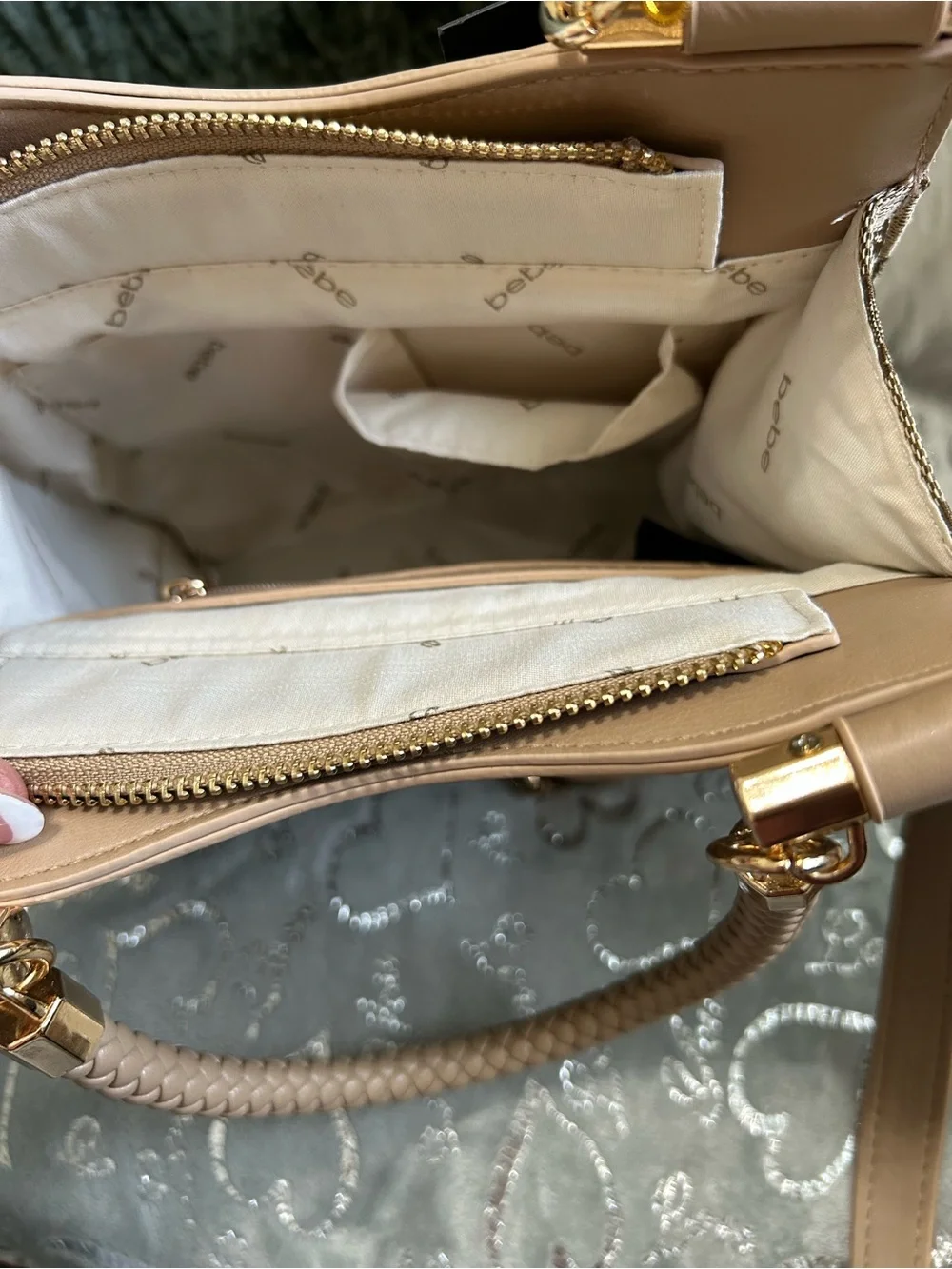NWT Bebe Celia Beige Tan Logo Jacquard Braided-Handle Mini-Satchel